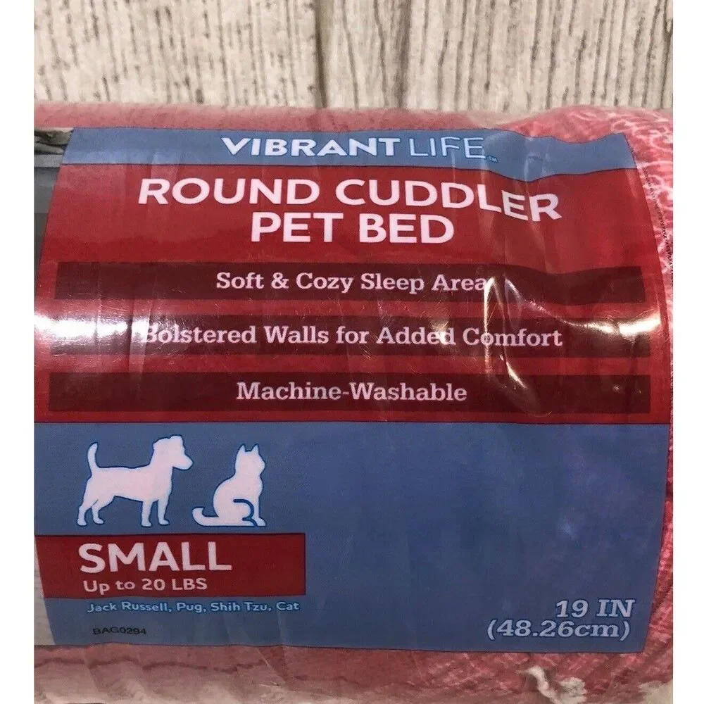 Vibrant Life Small Cuddler Cat Dog 19” Bed Red Snowflake Round Cozy Sleep New